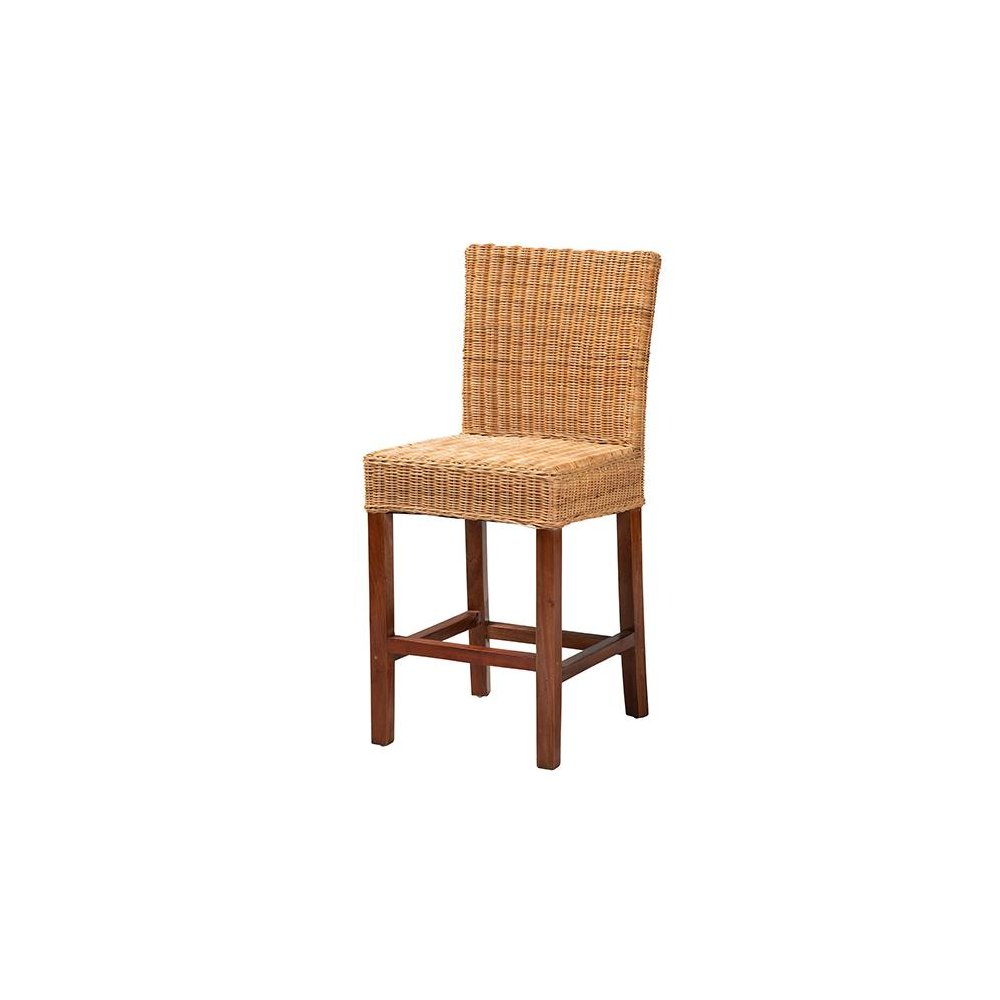 Bohemian Natural Rattan and Mahogany Wood Counter Stool. Picture 1