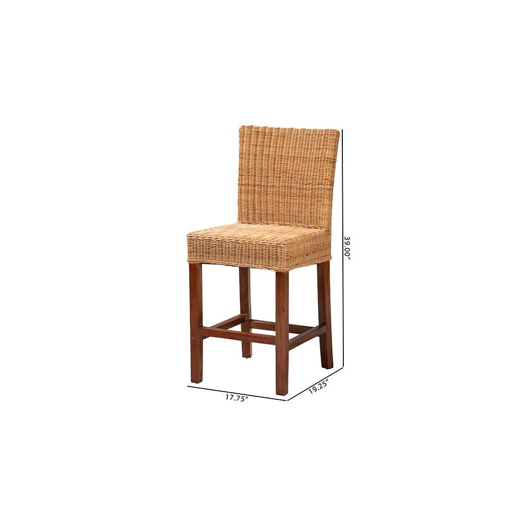 Bohemian Natural Rattan and Mahogany Wood Counter Stool. Picture 10