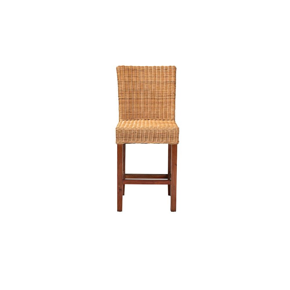 Bohemian Natural Rattan and Mahogany Wood Counter Stool. Picture 2