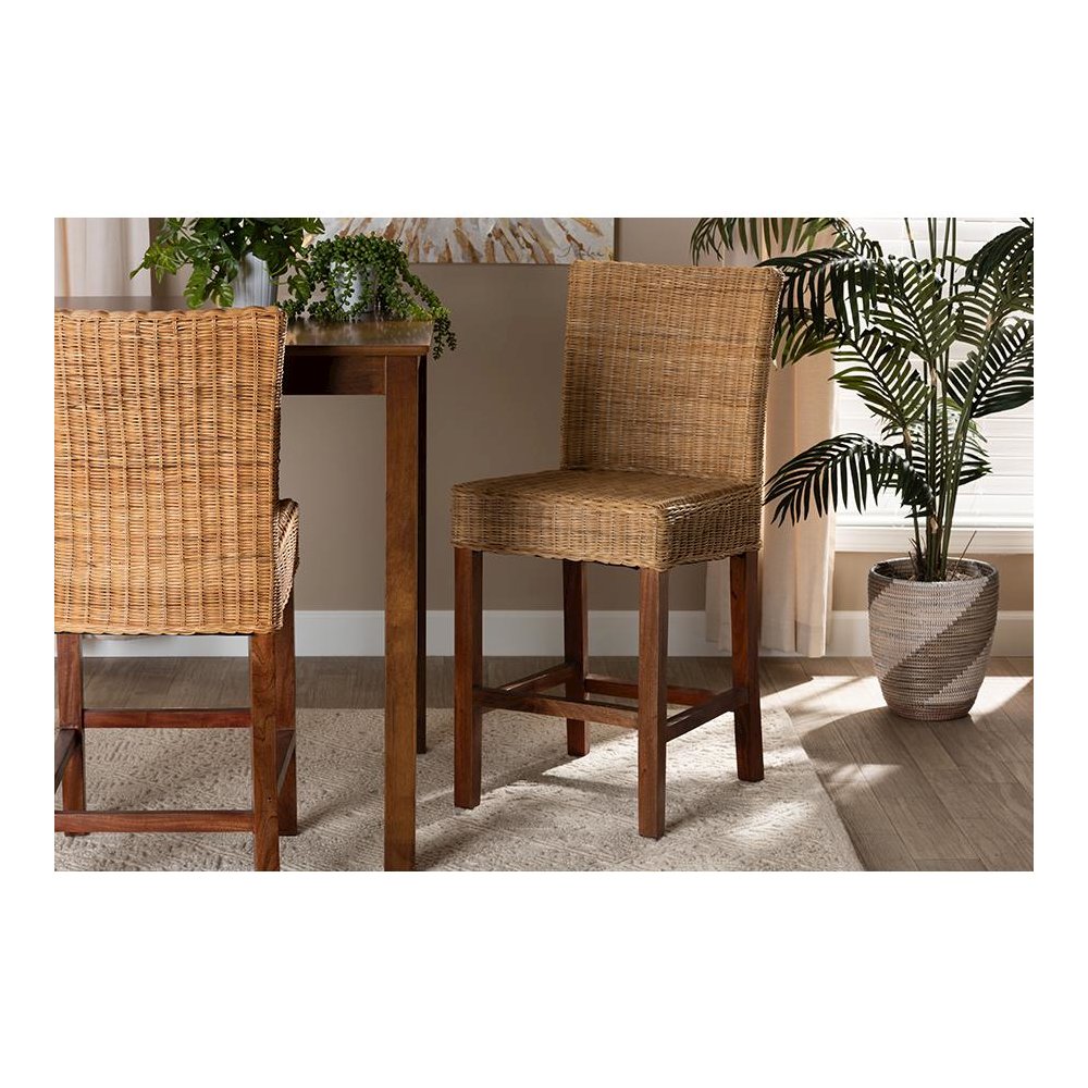 Bohemian Natural Rattan and Mahogany Wood Counter Stool. Picture 8