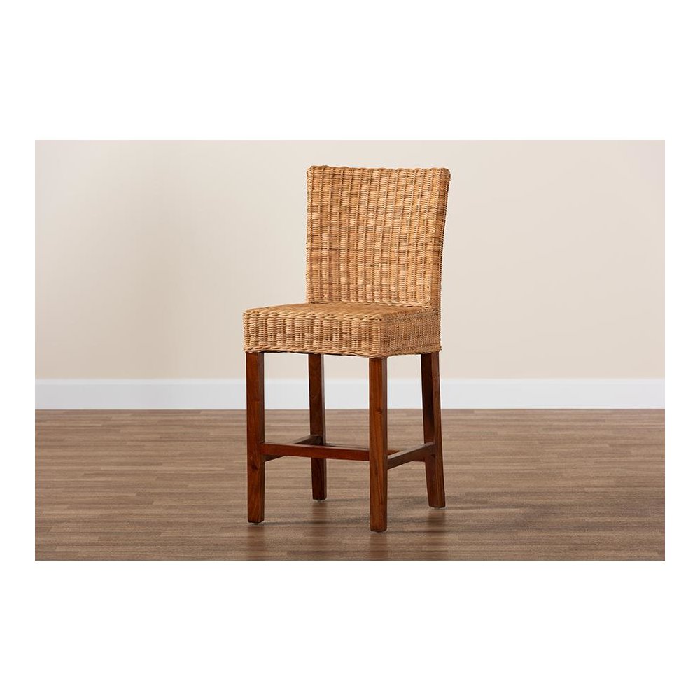 Bohemian Natural Rattan and Mahogany Wood Counter Stool. Picture 9