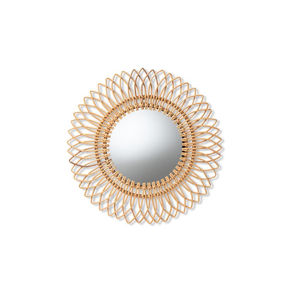 bali & pari Bora Modern Bohemian Natural Brown Rattan Accent Wall Mirror. Picture 1