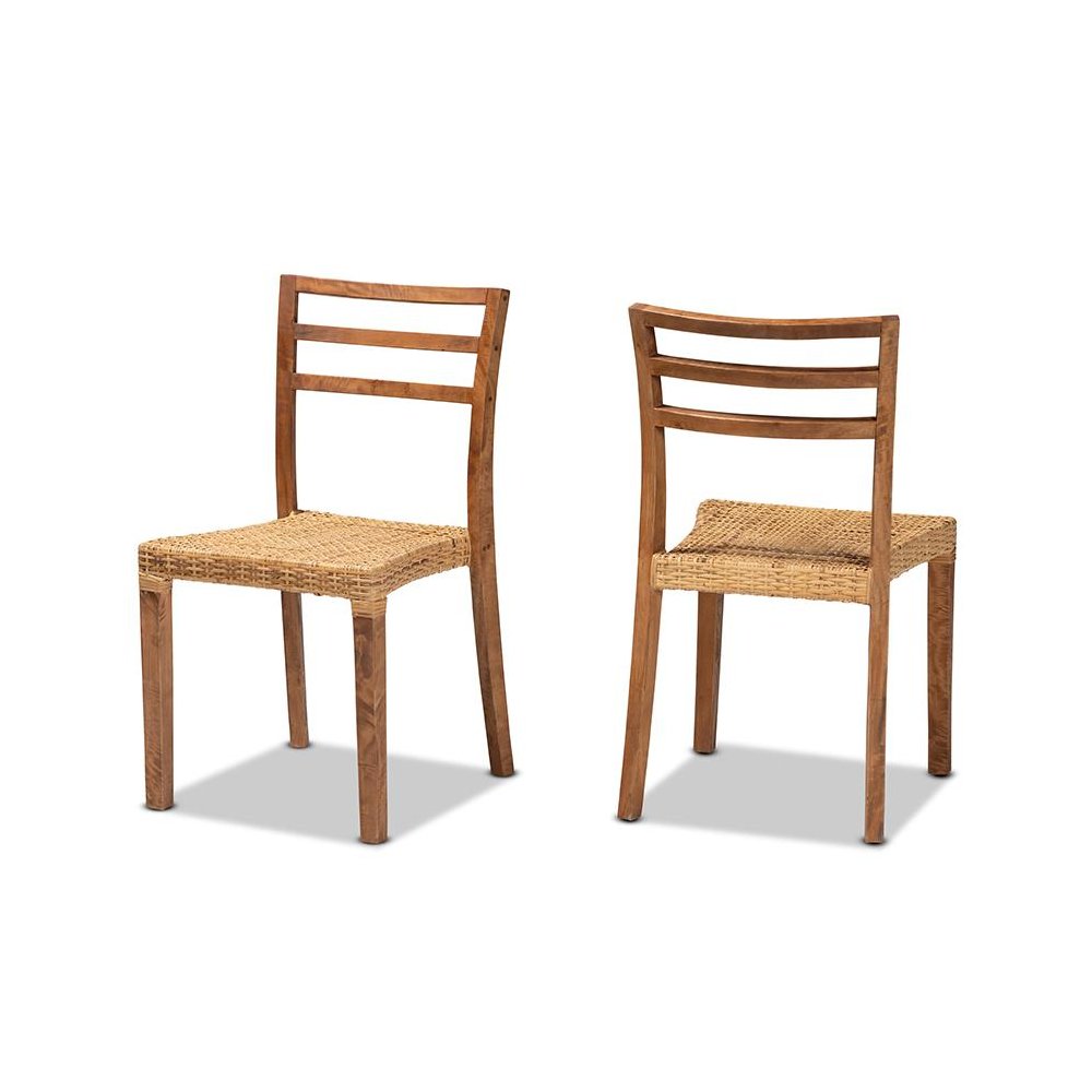 Walnut Brown Mahogany Wood and Natural Rattan 2-Piece Dining Chair Set. Picture 1