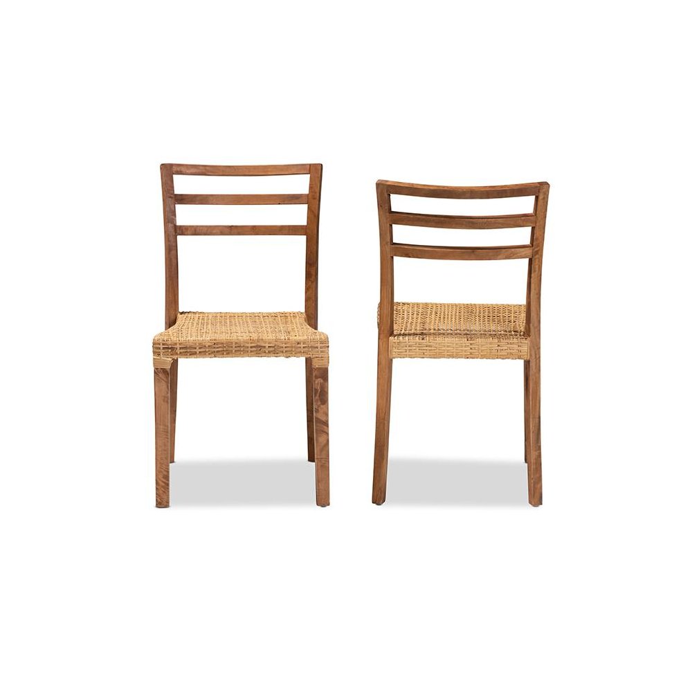 Walnut Brown Mahogany Wood and Natural Rattan 2-Piece Dining Chair Set. Picture 2