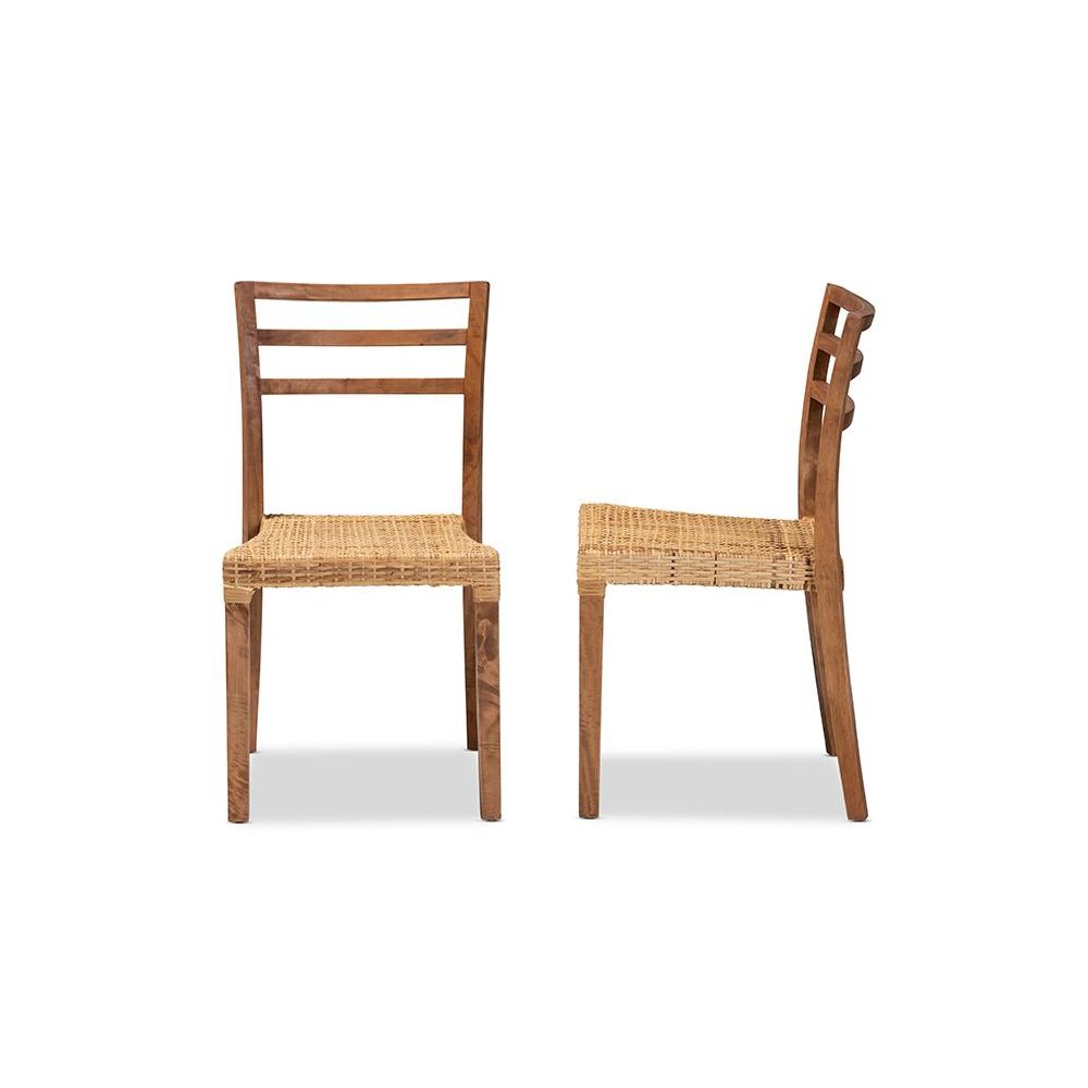 Walnut Brown Mahogany Wood and Natural Rattan 2-Piece Dining Chair Set. Picture 3
