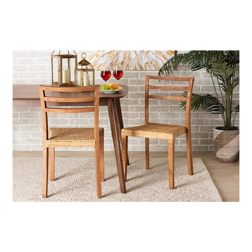 Walnut Brown Mahogany Wood and Natural Rattan 2-Piece Dining Chair Set. Picture 7