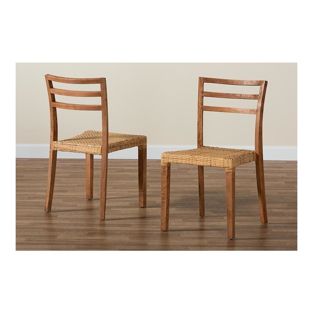 Walnut Brown Mahogany Wood and Natural Rattan 2-Piece Dining Chair Set. Picture 8