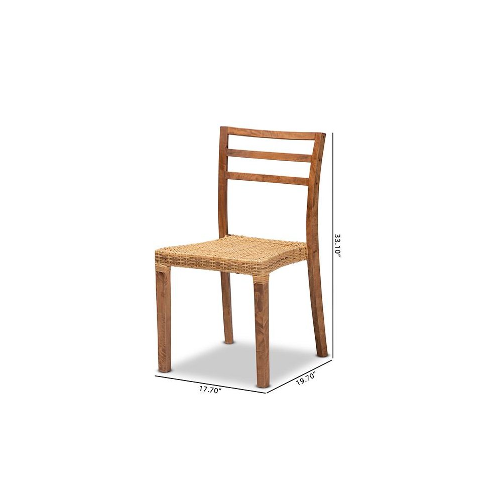 Walnut Brown Mahogany Wood and Natural Rattan 2-Piece Dining Chair Set. Picture 9