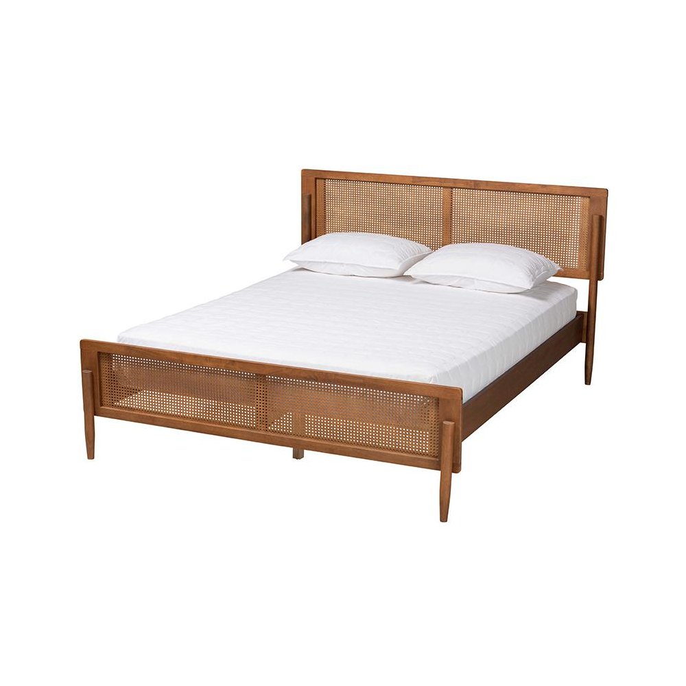 Gardwin Mid-Century Modern Ash Walnut Finished Wood Queen Size Platform Bed. Picture 1