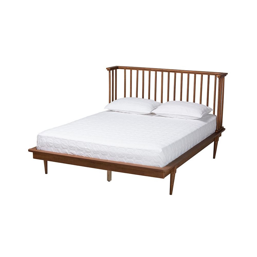 Flint Mid-Century Modern Ash Walnut Finished Wood Queen Size Platform Bed. Picture 1