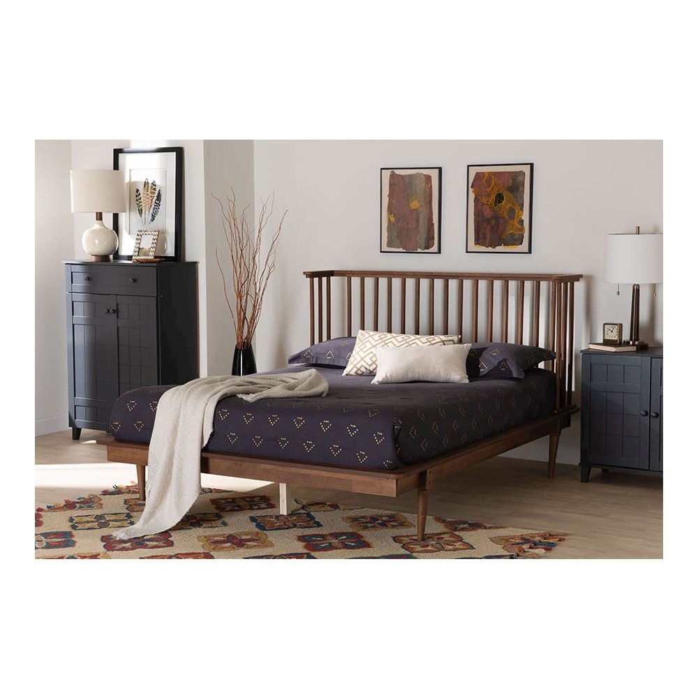 Flint Mid-Century Modern Ash Walnut Finished Wood Queen Size Platform Bed. Picture 7