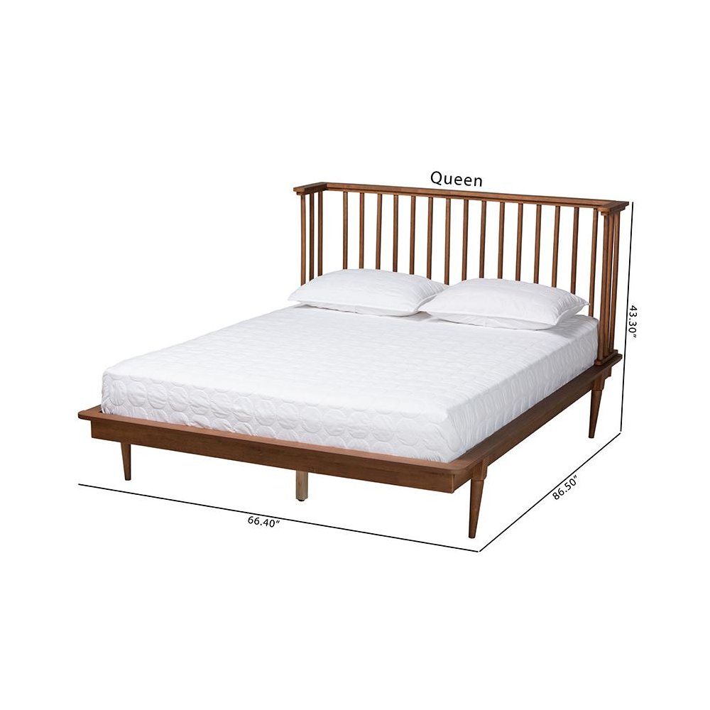 Flint Mid-Century Modern Ash Walnut Finished Wood Queen Size Platform Bed. Picture 9