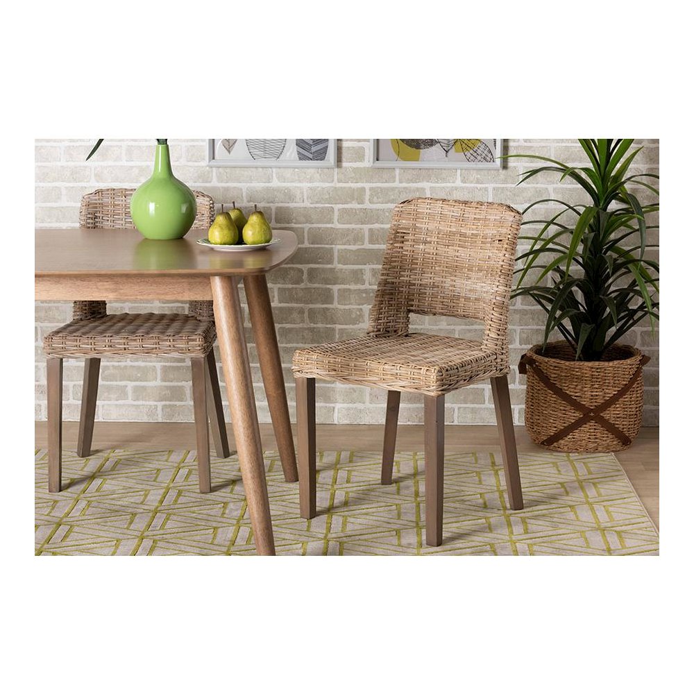 Bohemian Grey Rattan and Natural Brown Finished Wood Dining Chair. Picture 8