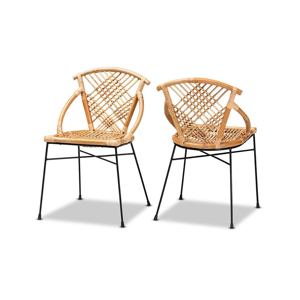 Bohemian Natural Brown Rattan and Black Metal 2-Piece Dining Chair Set. Picture 1