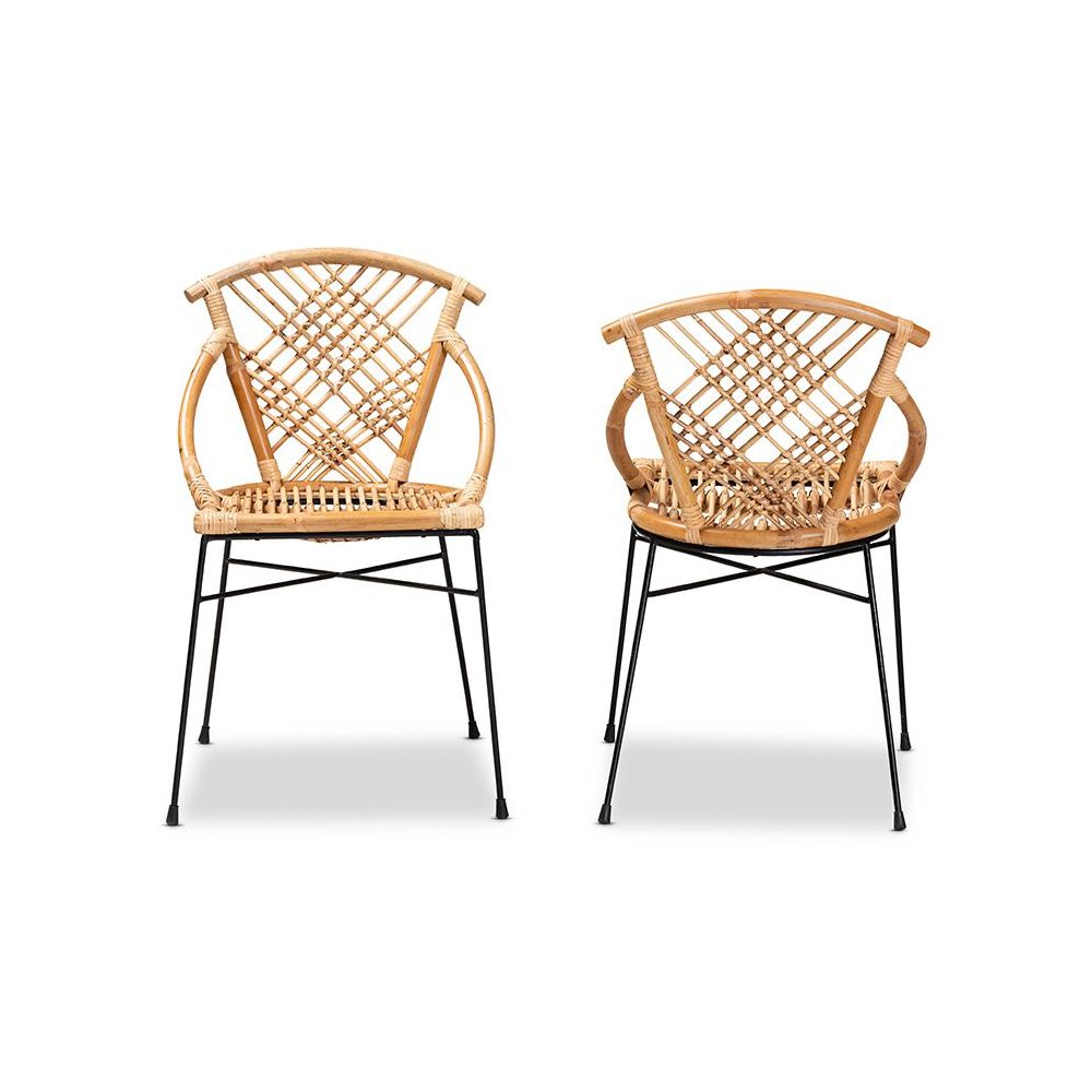 Bohemian Natural Brown Rattan and Black Metal 2-Piece Dining Chair Set. Picture 2