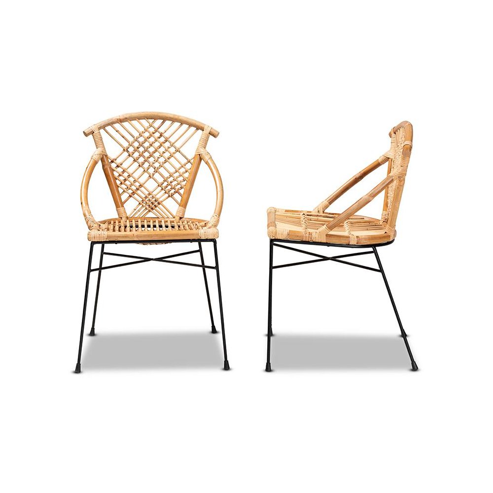 Bohemian Natural Brown Rattan and Black Metal 2-Piece Dining Chair Set. Picture 3