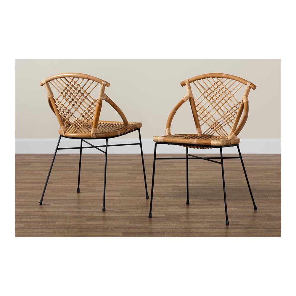 Bohemian Natural Brown Rattan and Black Metal 2-Piece Dining Chair Set. Picture 8