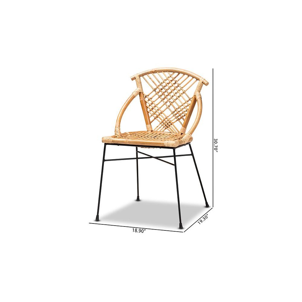 Bohemian Natural Brown Rattan and Black Metal 2-Piece Dining Chair Set. Picture 9