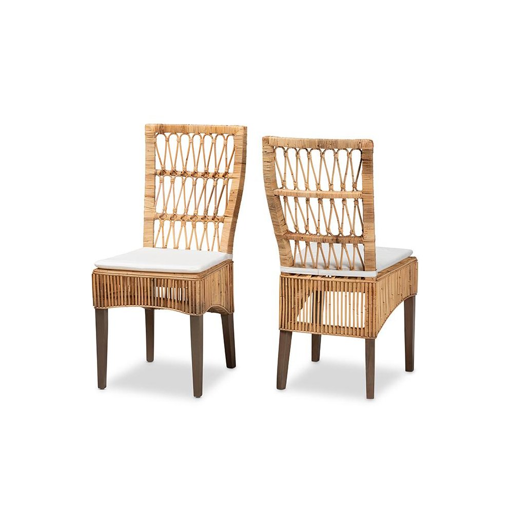 Bohemian Natural Brown Rattan 2-Piece Dining Chair Set. Picture 1
