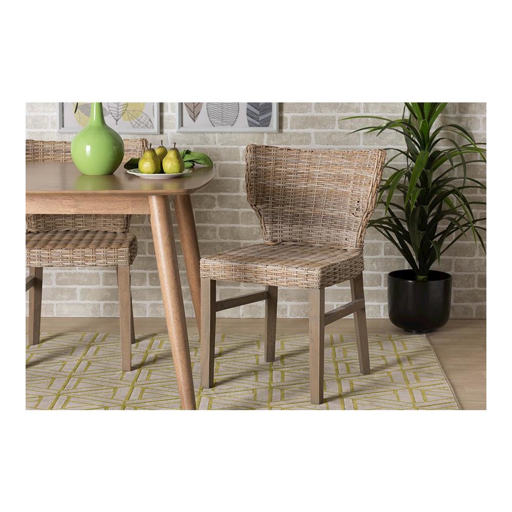 bali & pari Enver Modern Bohemian Grey Rattan and Brown Wood Dining Chair. Picture 8
