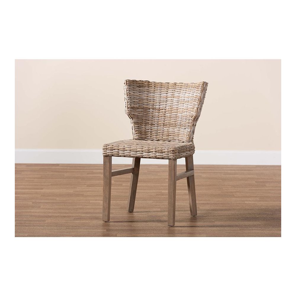 bali & pari Enver Modern Bohemian Grey Rattan and Brown Wood Dining Chair. Picture 9
