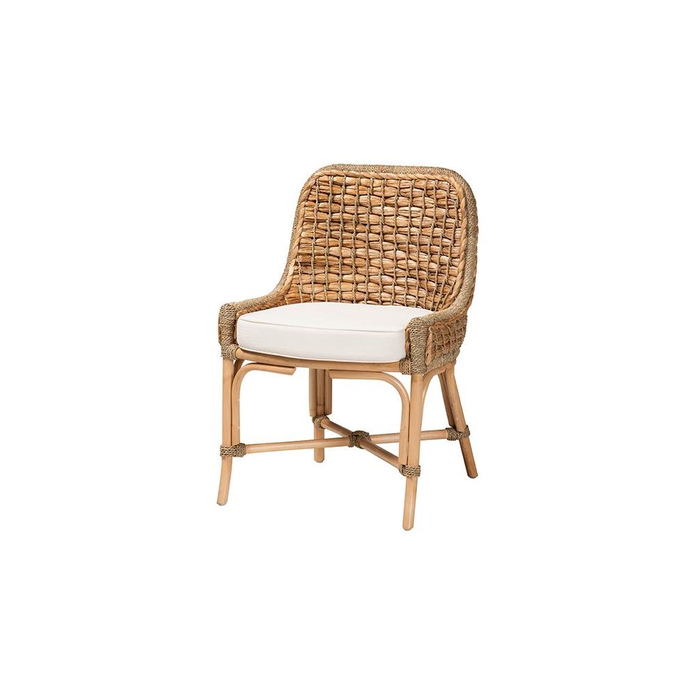 Bohemian Natural Brown Woven Rattan Dining Side Chair With Cushion. Picture 1