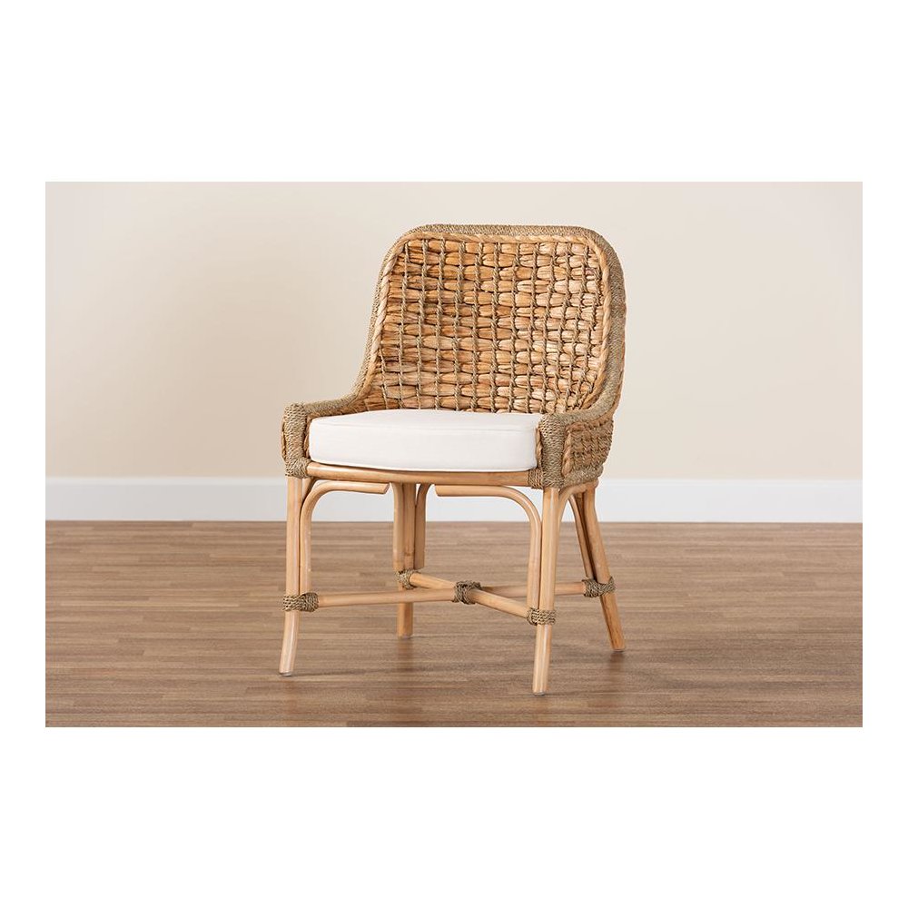 Bohemian Natural Brown Woven Rattan Dining Side Chair With Cushion. Picture 9