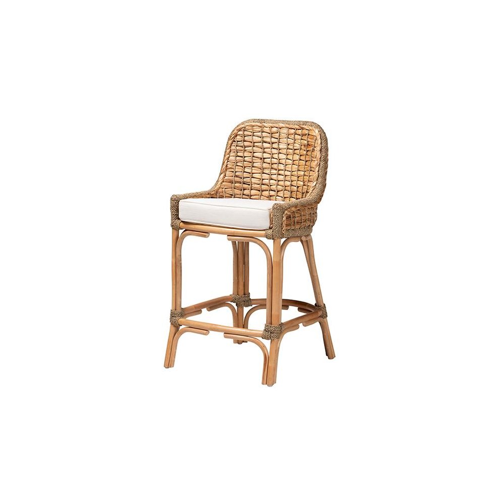 Bohemian Natural Brown Woven Rattan Counter Stool with Cushion. Picture 1