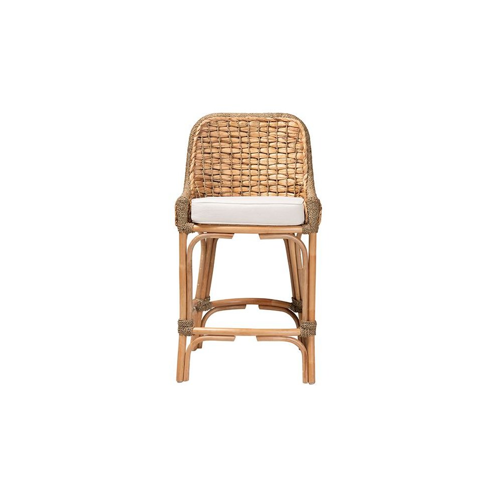 Bohemian Natural Brown Woven Rattan Counter Stool with Cushion. Picture 2