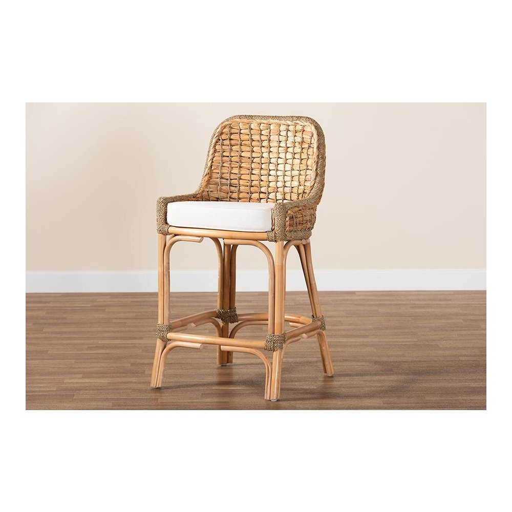 Bohemian Natural Brown Woven Rattan Counter Stool with Cushion. Picture 9
