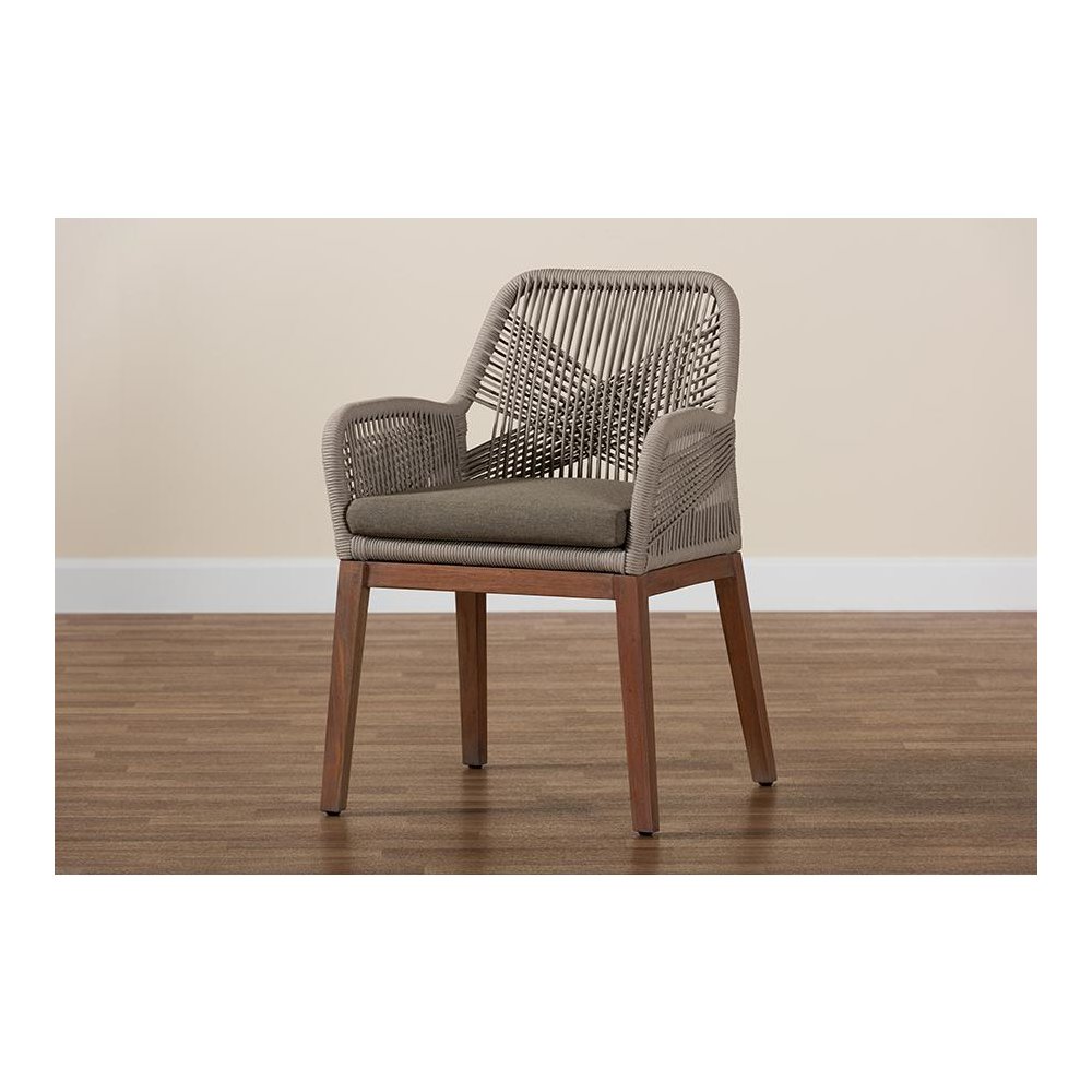ennifer Mid-Century Transitional Grey Woven Rope Mahogany Dining Arm Chair. Picture 10