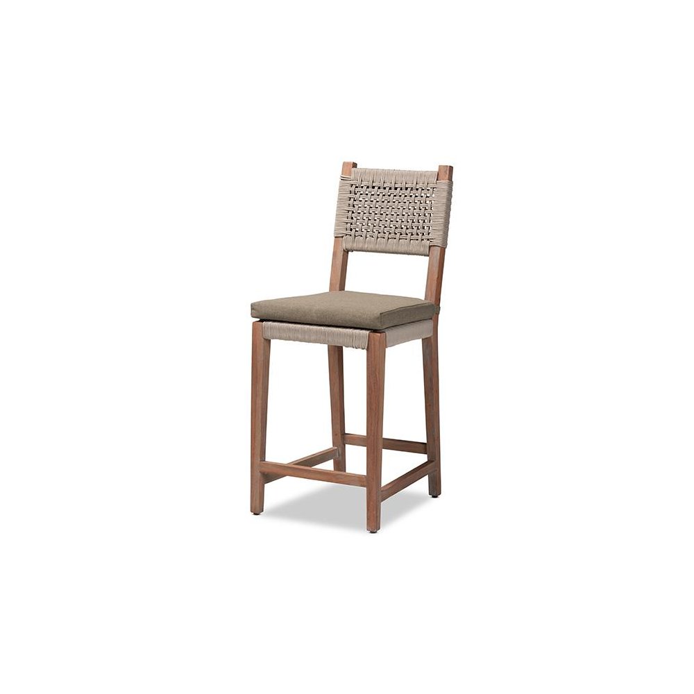 Mid-Century Transitional Grey Woven Rope Mahogany Counter Stool. Picture 1