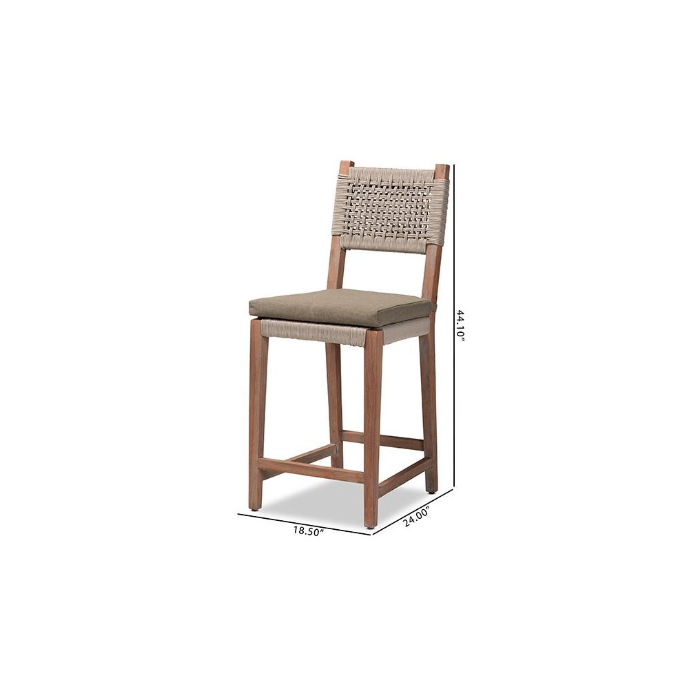Mid-Century Transitional Grey Woven Rope Mahogany Counter Stool. Picture 10