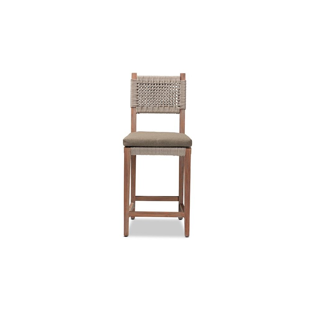 Mid-Century Transitional Grey Woven Rope Mahogany Counter Stool. Picture 2