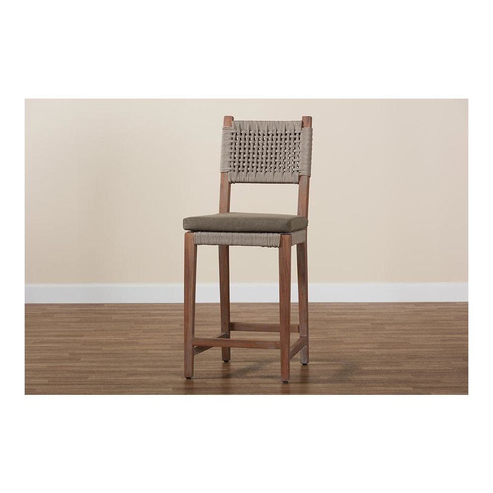 Mid-Century Transitional Grey Woven Rope Mahogany Counter Stool. Picture 9