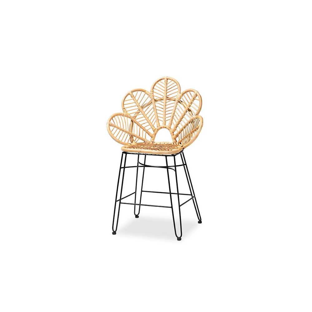 Bohemian Natural Brown Rattan and Black Metal Counter Stool. Picture 1