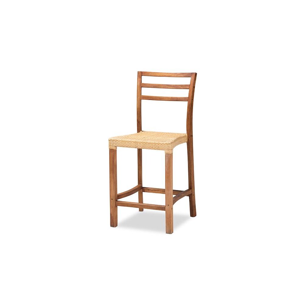 Walnut Brown Mahogany Wood and Natural Rattan Counter Stool. Picture 1