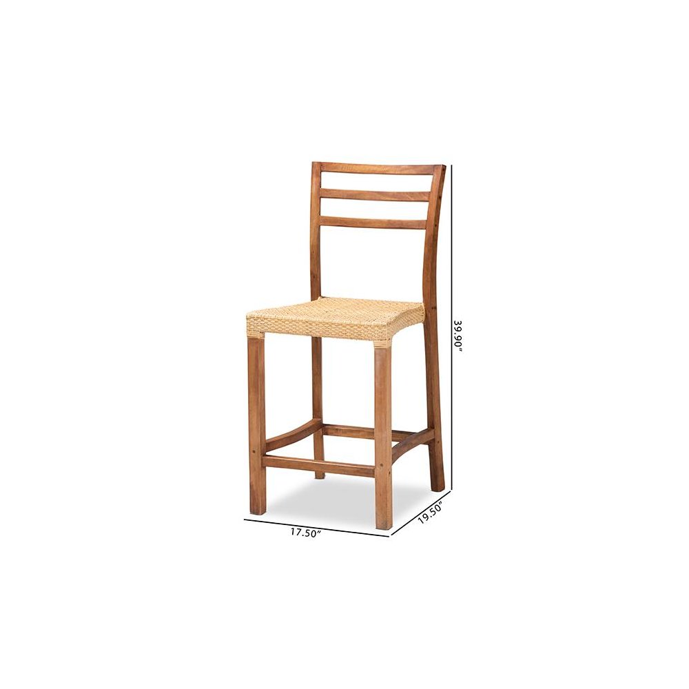 Walnut Brown Mahogany Wood and Natural Rattan Counter Stool. Picture 10