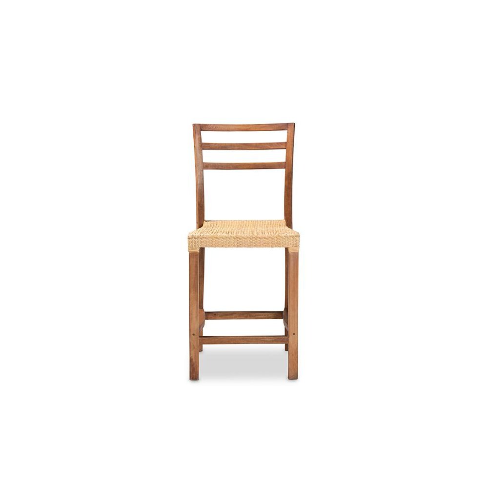 Walnut Brown Mahogany Wood and Natural Rattan Counter Stool. Picture 2