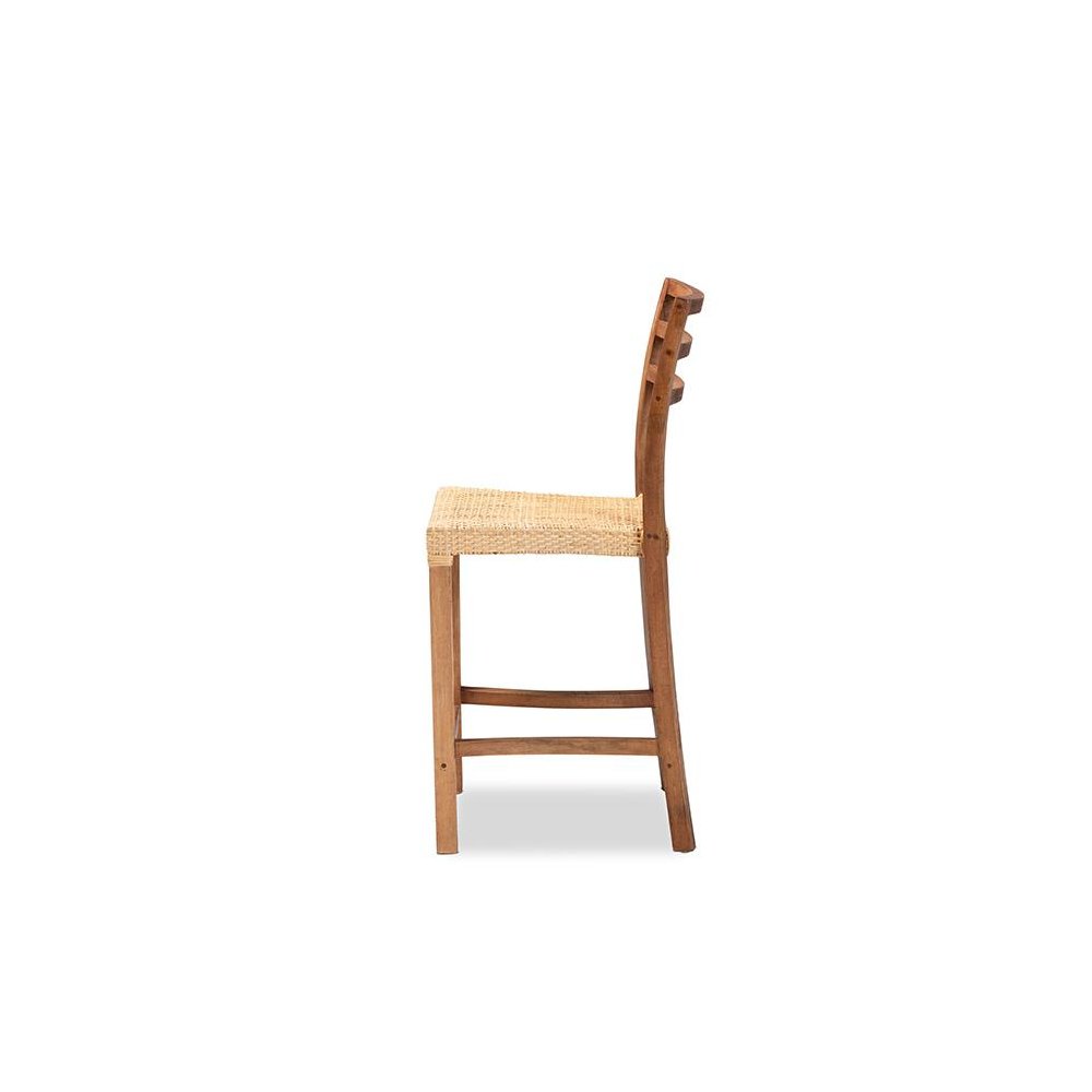 Walnut Brown Mahogany Wood and Natural Rattan Counter Stool. Picture 3