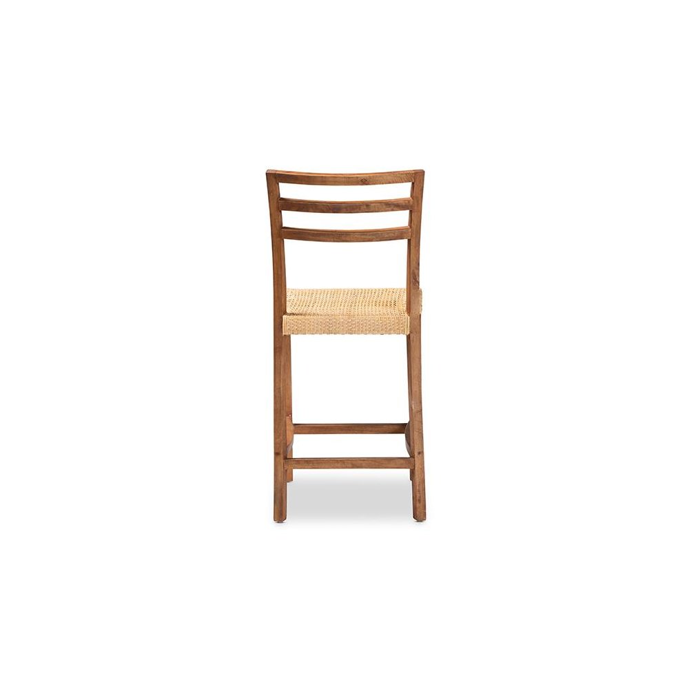 Walnut Brown Mahogany Wood and Natural Rattan Counter Stool. Picture 4