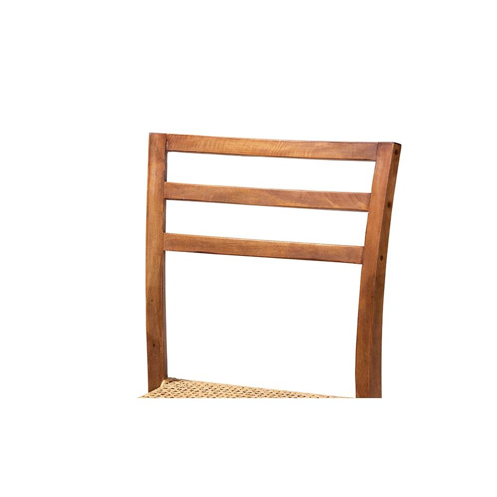 Walnut Brown Mahogany Wood and Natural Rattan Counter Stool. Picture 5