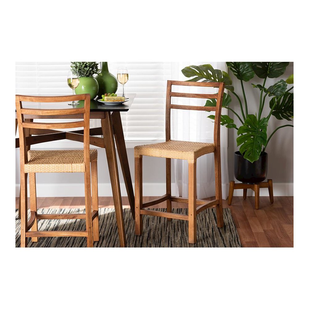Walnut Brown Mahogany Wood and Natural Rattan Counter Stool. Picture 8