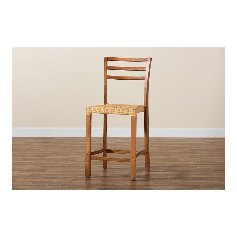 Walnut Brown Mahogany Wood and Natural Rattan Counter Stool. Picture 9