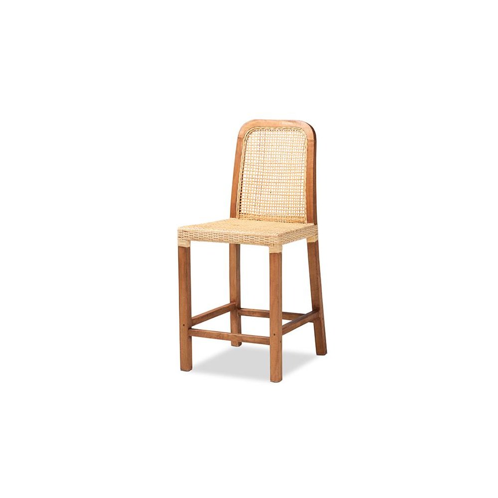 Walnut Brown Mahogany Wood and Natural Rattan Counter Stool. Picture 1