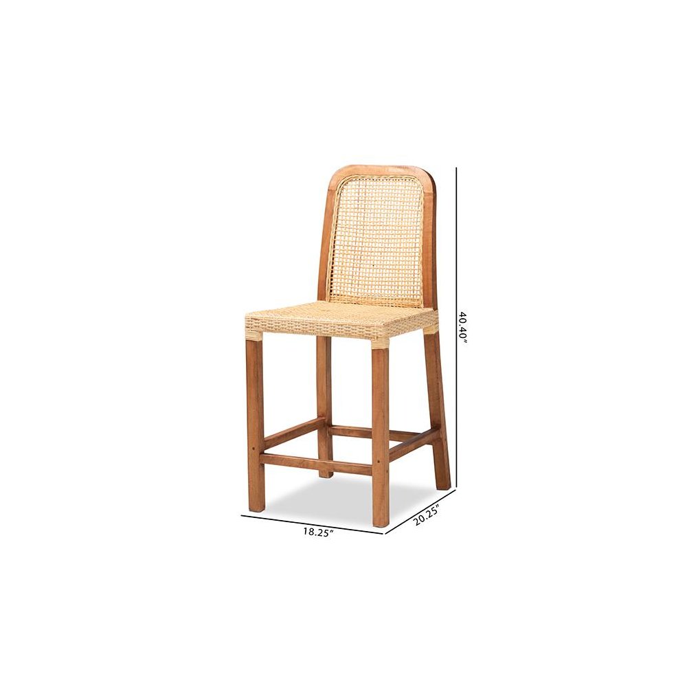 Walnut Brown Mahogany Wood and Natural Rattan Counter Stool. Picture 10