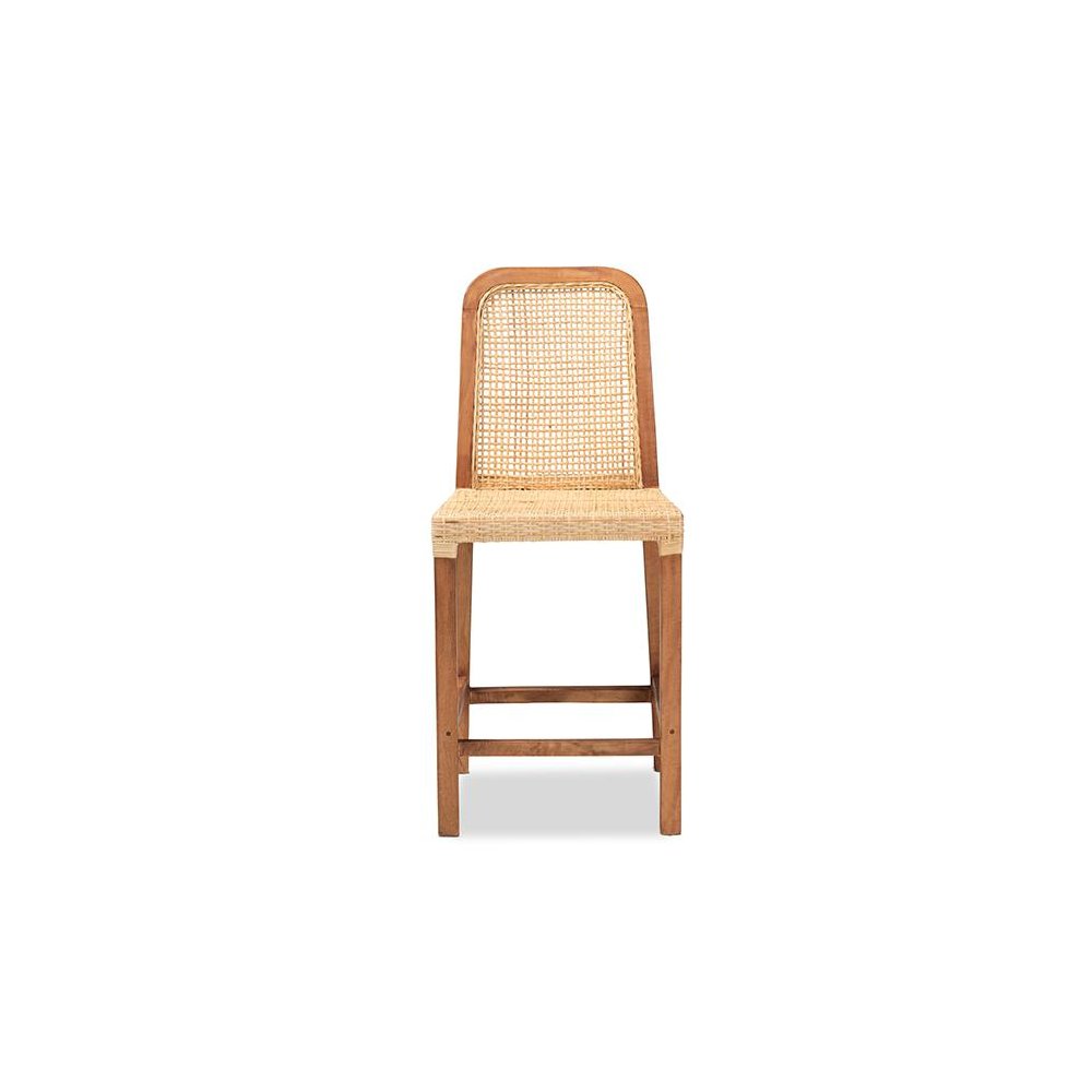 Walnut Brown Mahogany Wood and Natural Rattan Counter Stool. Picture 2