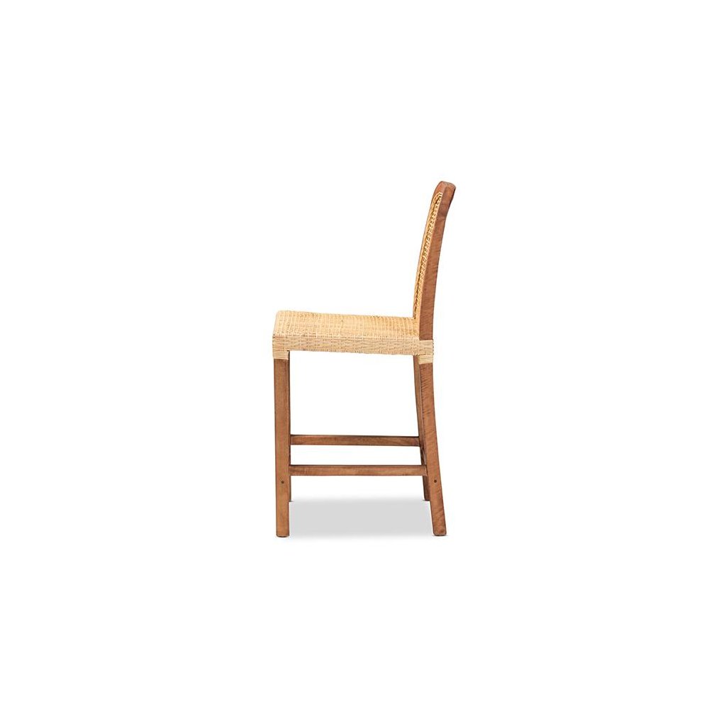 Walnut Brown Mahogany Wood and Natural Rattan Counter Stool. Picture 3