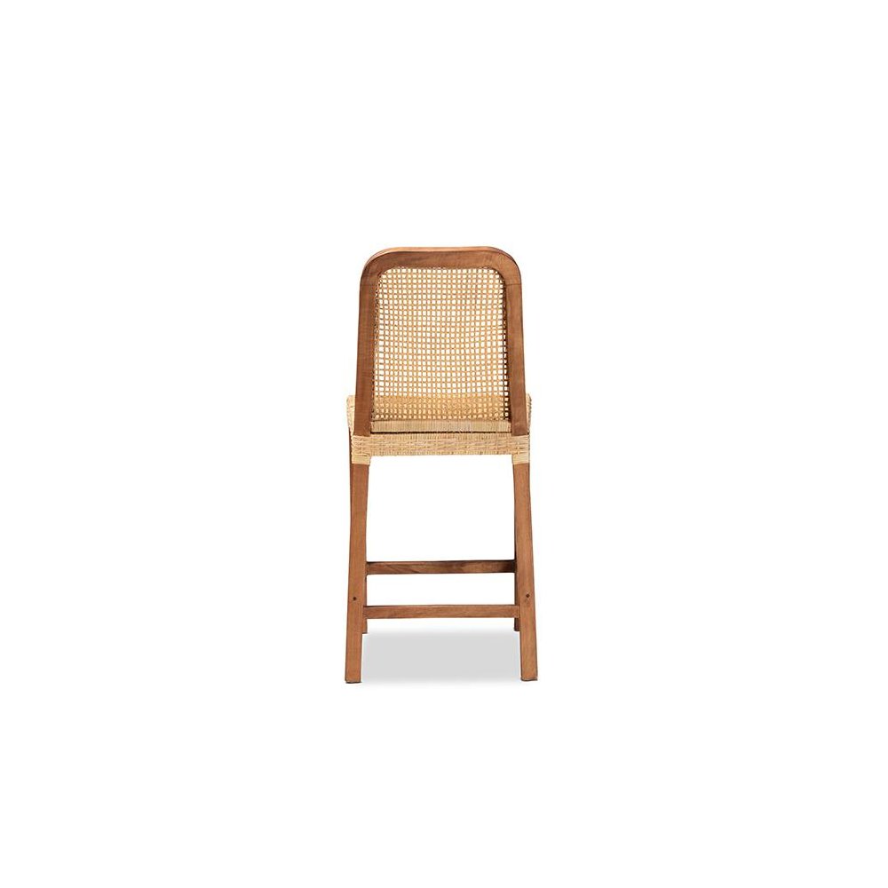 Walnut Brown Mahogany Wood and Natural Rattan Counter Stool. Picture 4