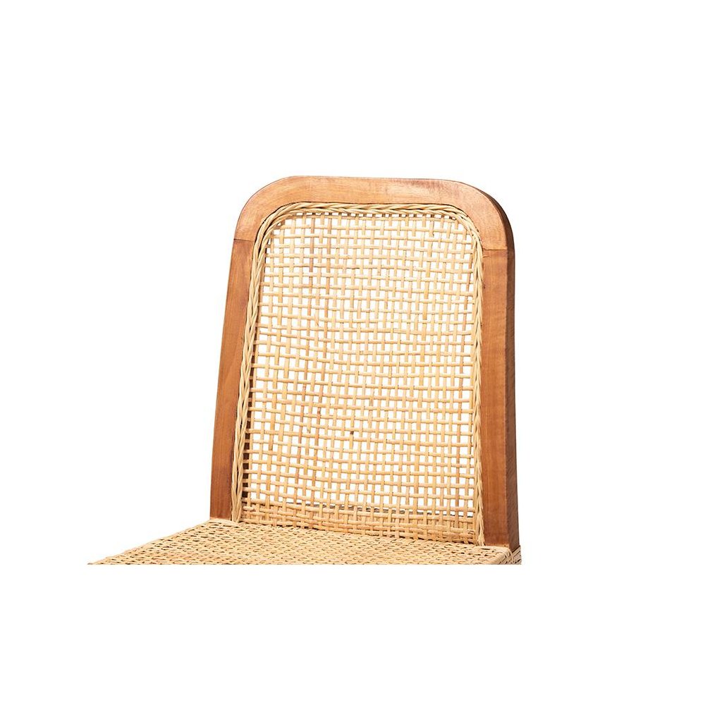 Walnut Brown Mahogany Wood and Natural Rattan Counter Stool. Picture 5